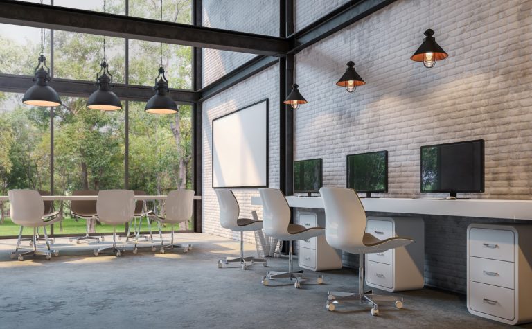 Loft style office 3d rendering image.There are white brick wall,polished concrete floor and black steel structure.Furnished with white furniture.There are large windows look out to see the nature