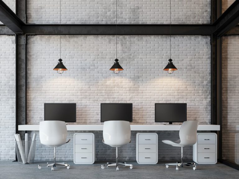 Loft style office 3d rendering image.There are white brick wall,polished concrete floor and black steel structure.Decorate with hanging lamp.Furnished with white furniture.